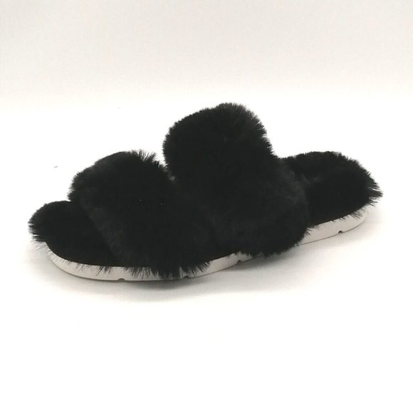 Dolce Vita Womens Double Strap Slide Slipper Black Faux Fur‎ White Flat Heel 5 - Picture 1 of 9